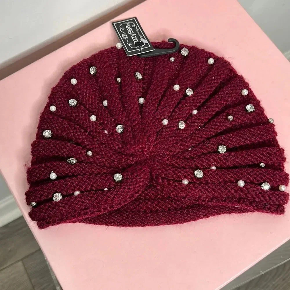 Sazy B Burgundy Faux Pearl and Diamond Hat